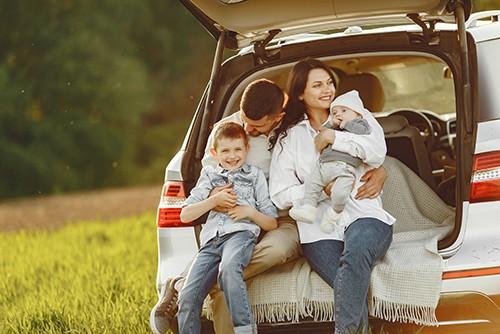 Family in a summer forest by the open trunk