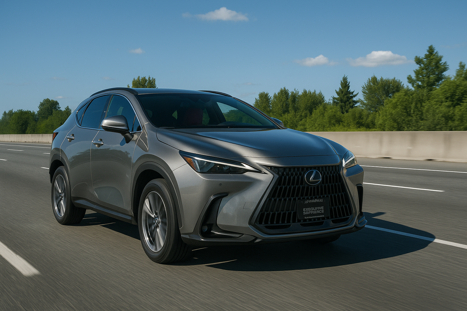 2025 Lexus NX 350h luxury SUV driving on highway near Vancouver on sunny day