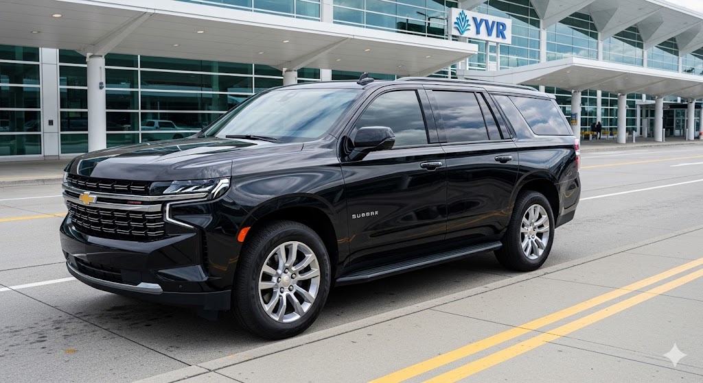 2026 Black Chevrolet Suburban 8-passenger rental at Vancouver International Airport YVR curbside.